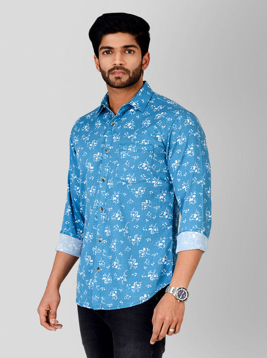 Summer Blue Printed Slim Fit Casual Shirt | Greenfibre