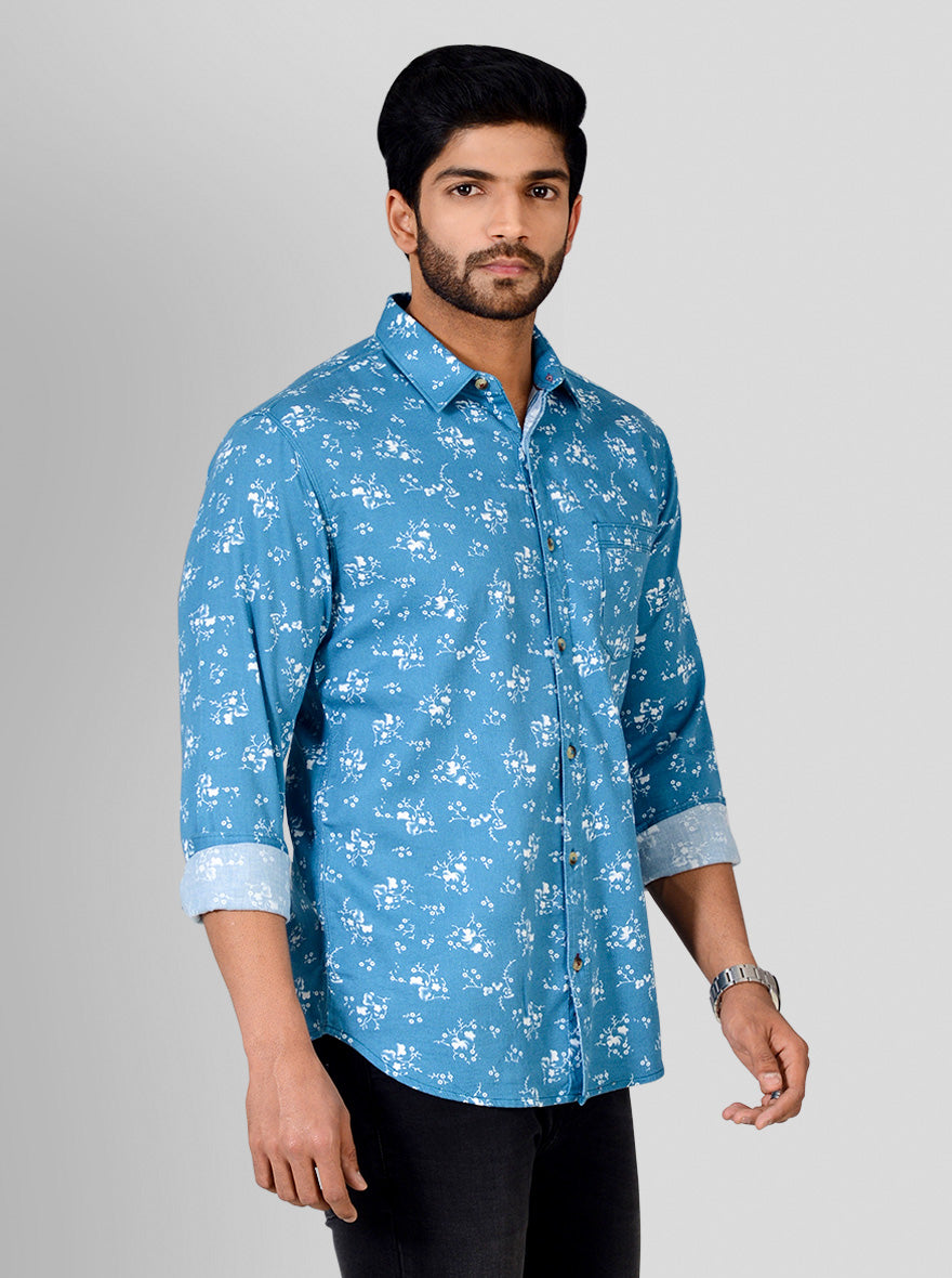 Summer Blue Printed Slim Fit Casual Shirt | Greenfibre