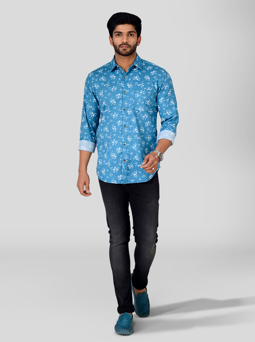 Summer Blue Printed Slim Fit Casual Shirt | Greenfibre