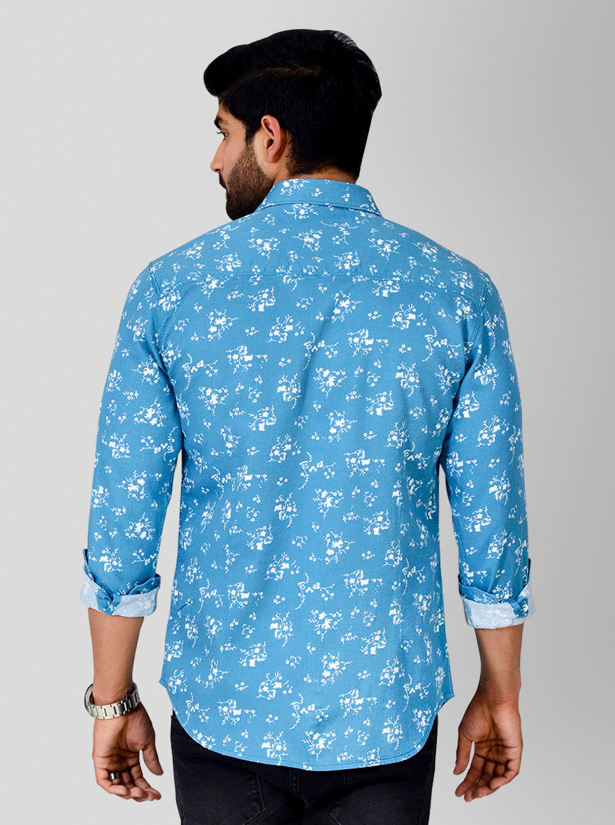 Summer Blue Printed Slim Fit Casual Shirt | Greenfibre