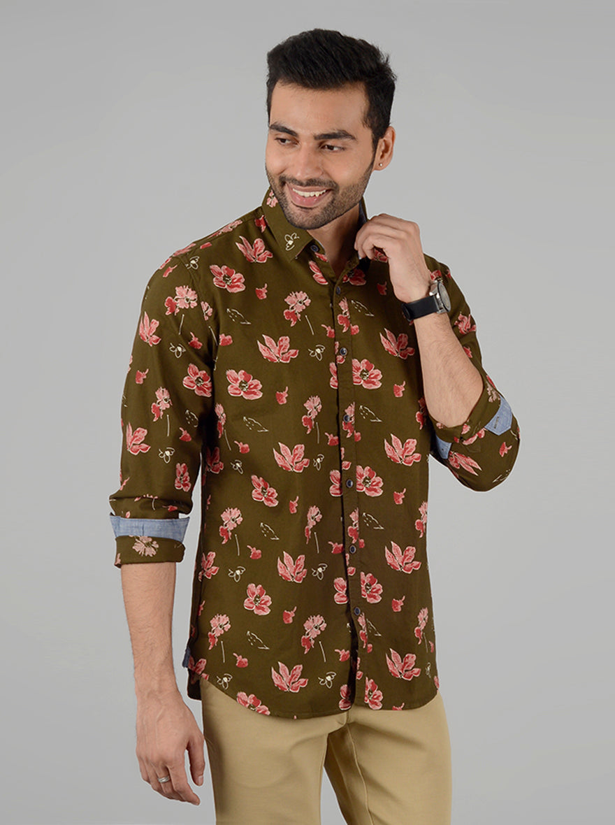 Light Green Printed Slim Fit Casual Shirt | JB Sport