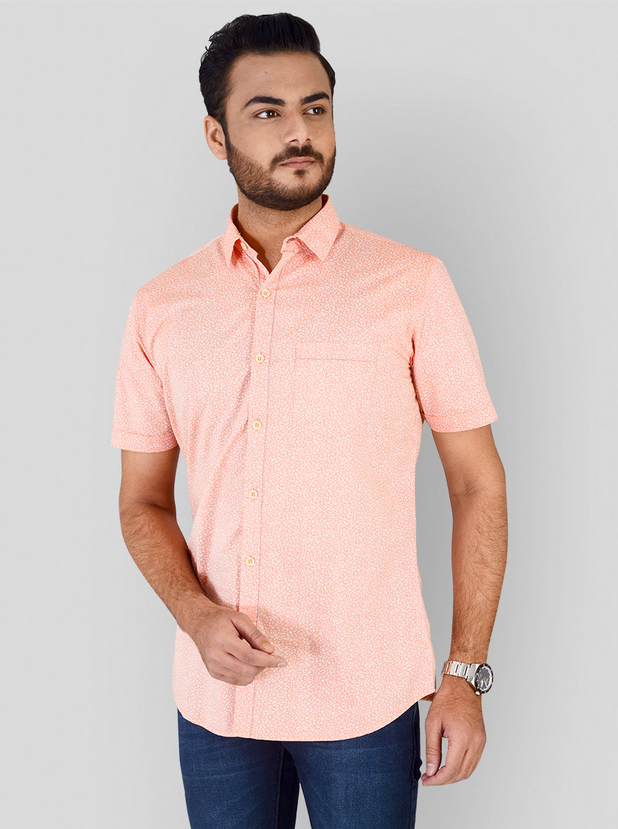 Carrot Orange Printed Slim Fit Casual Shirt | JB Sport
