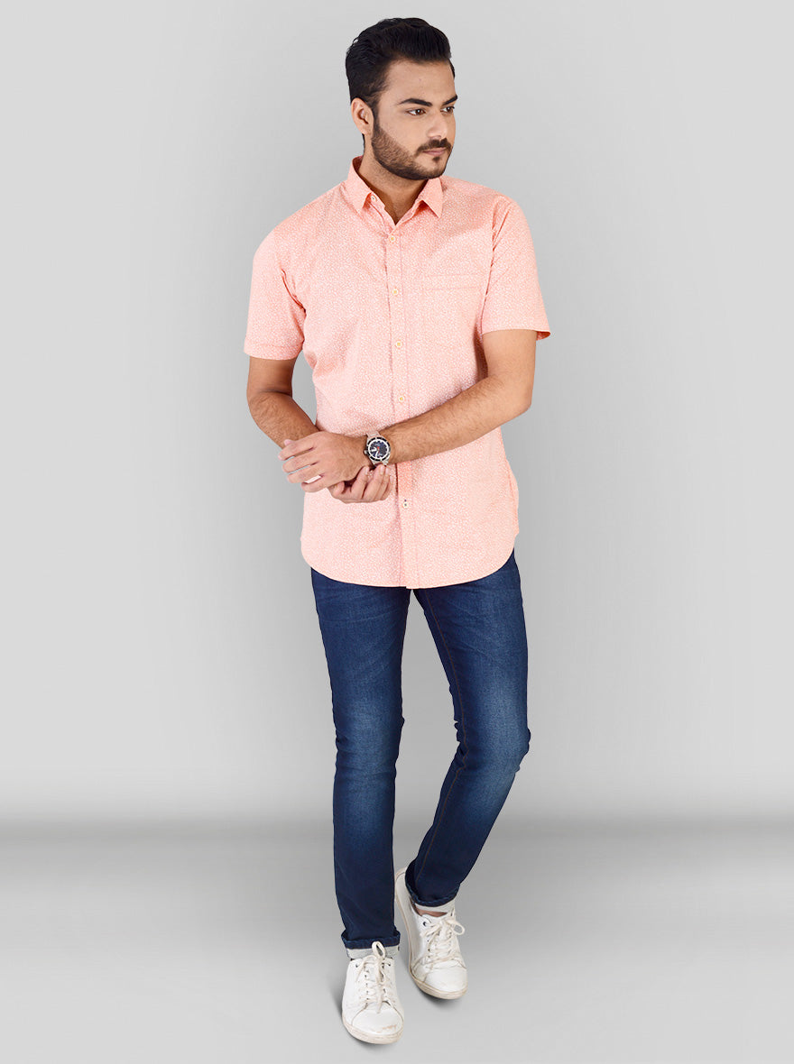 Carrot Orange Printed Slim Fit Casual Shirt | JB Sport