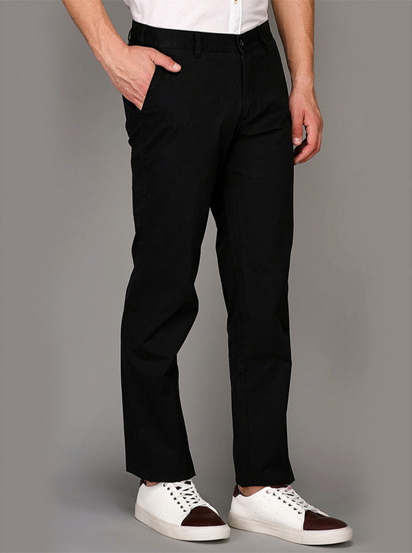 Greenfibre Black Solid Slim Fit Casual Trouser