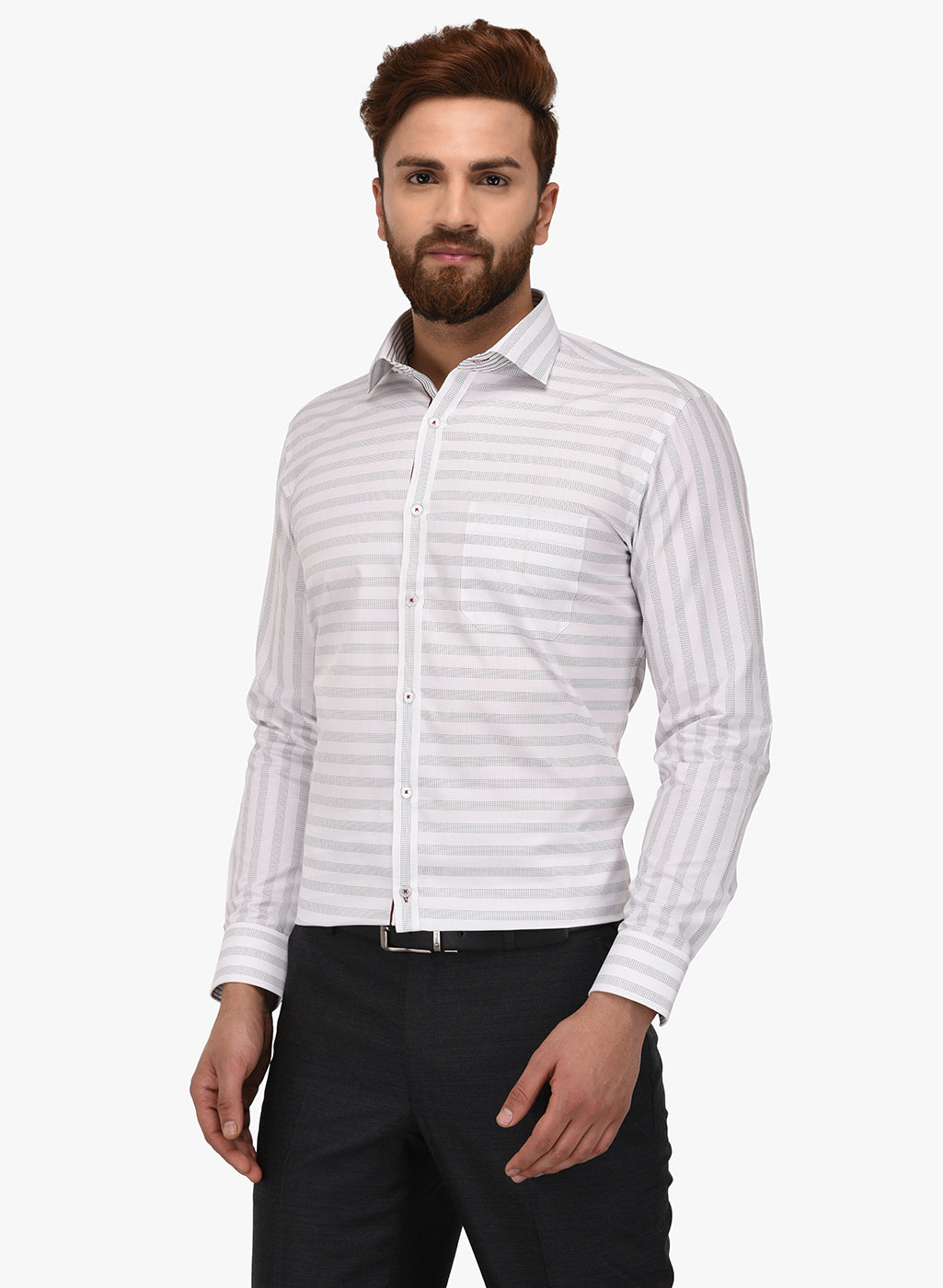 Greenfibre White Striped Slim Fit Formal Shirt