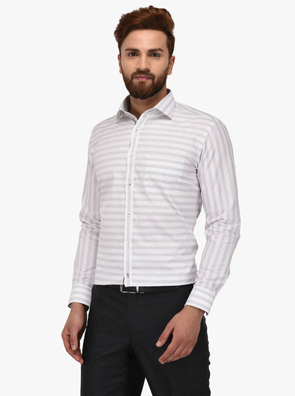 Greenfibre White Striped Slim Fit Formal Shirt