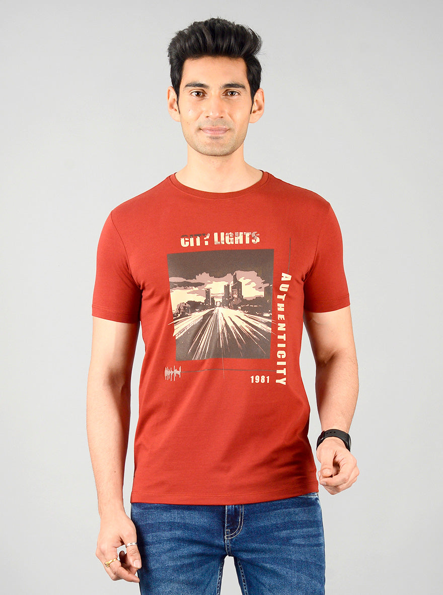 Garnet Red Printed Slim Fit T-shirt | JB Sport