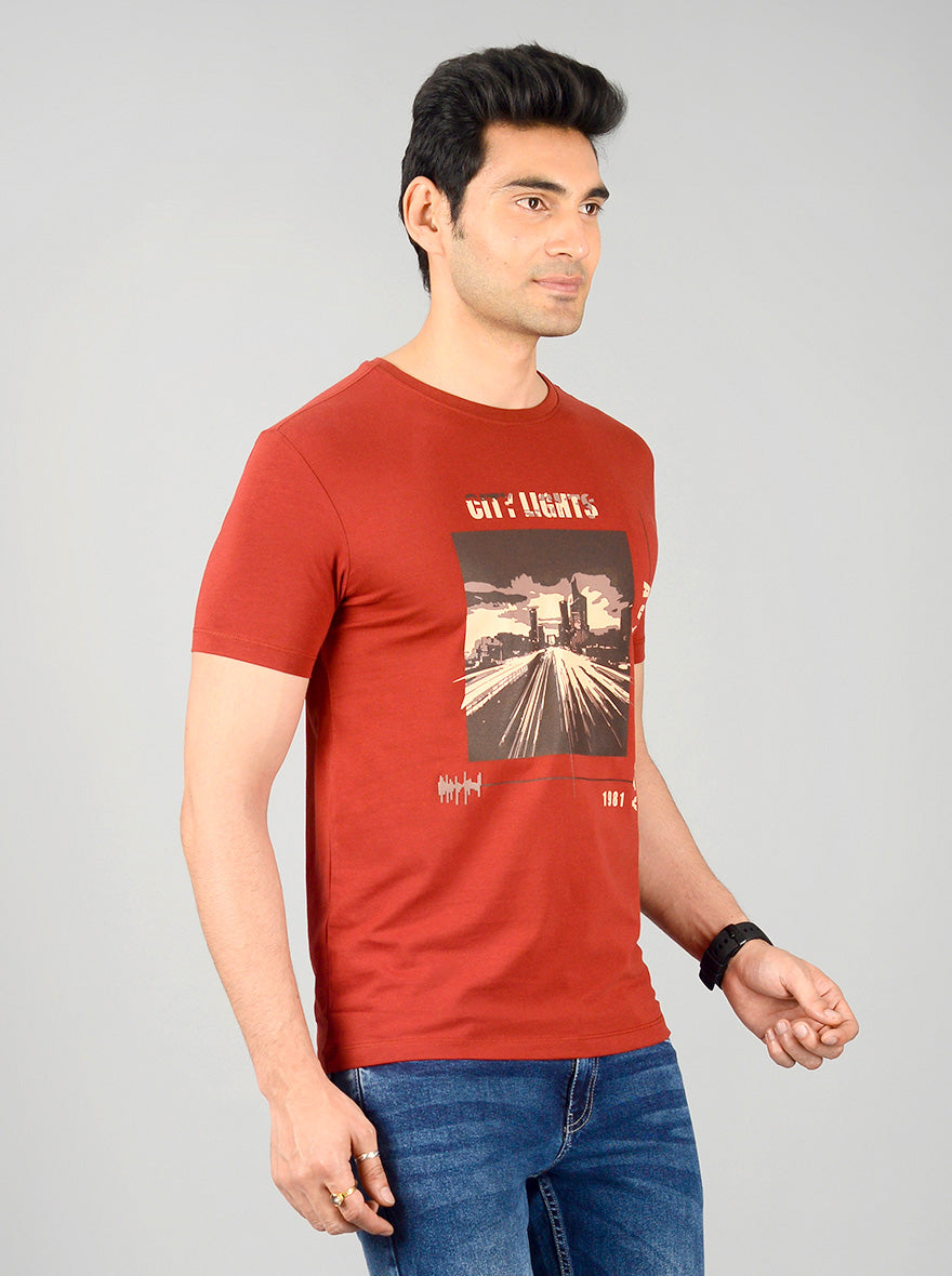 Garnet Red Printed Slim Fit T-shirt | JB Sport