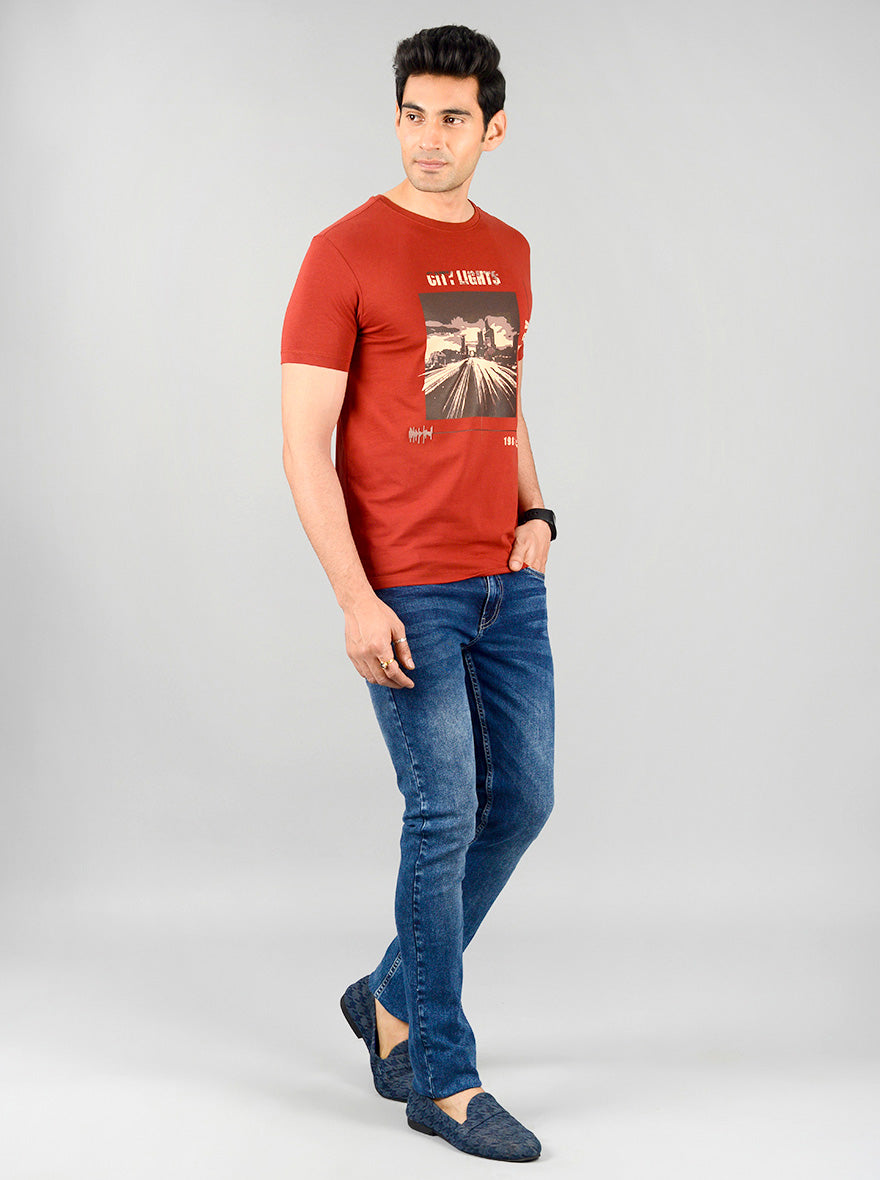 Garnet Red Printed Slim Fit T-shirt | JB Sport