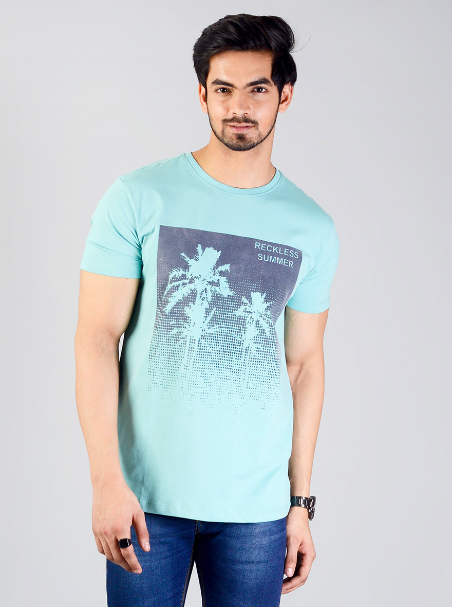 Light Turquoise Blue Printed Slim Fit T-shirt | JB Sport