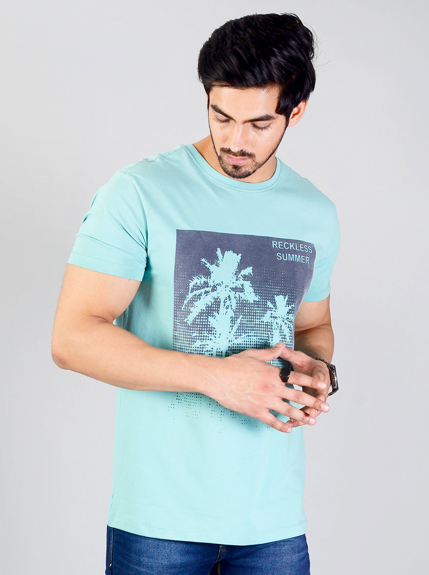 Light Turquoise Blue Printed Slim Fit T-shirt | JB Sport