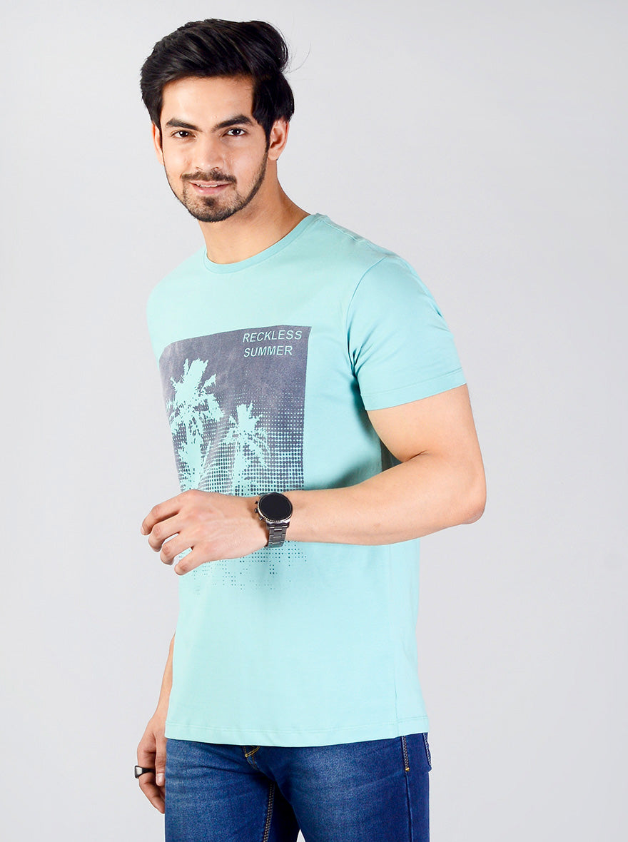 Light Turquoise Blue Printed Slim Fit T-shirt | JB Sport