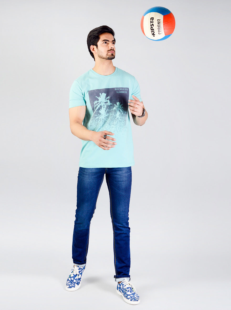 Light Turquoise Blue Printed Slim Fit T-shirt | JB Sport