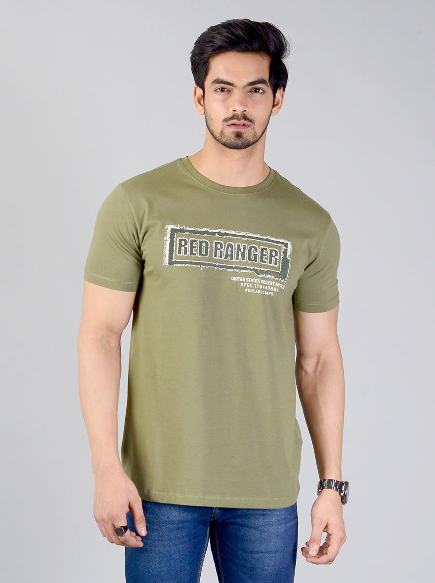 Olive Green Printed Slim Fit T-shirt | JB Sport