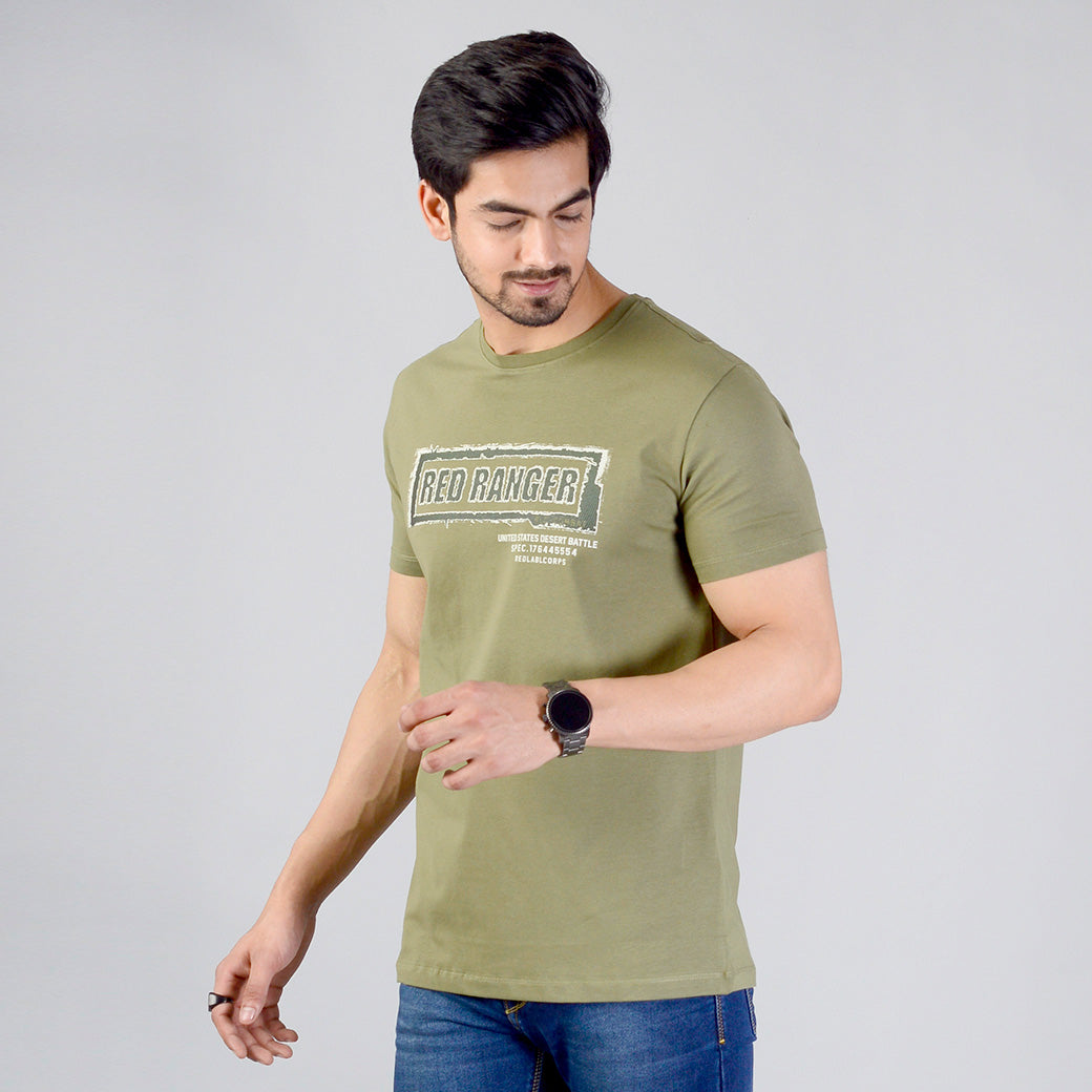 Olive Green Printed Slim Fit T-shirt | JB Sport