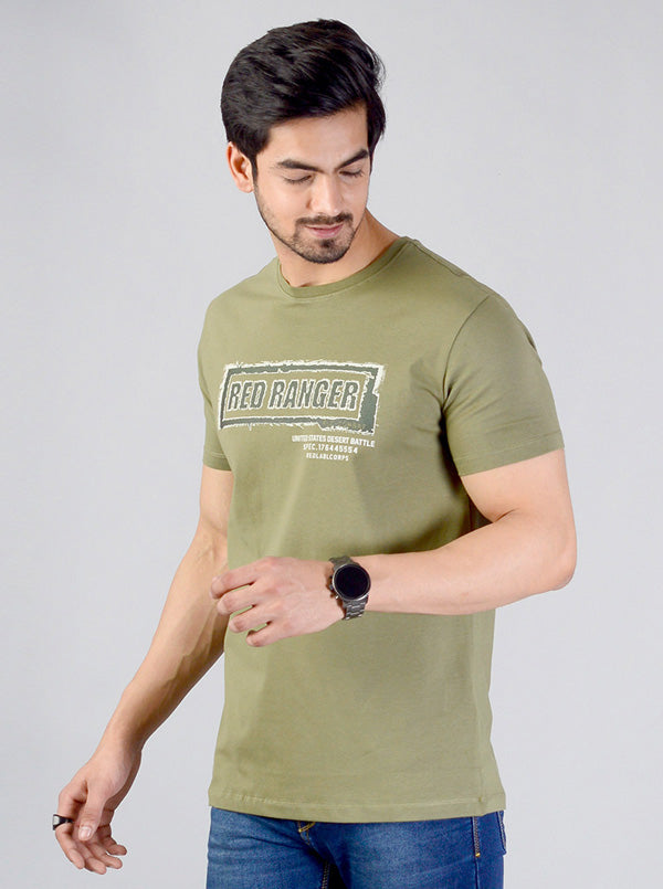 Olive Green Printed Slim Fit T-shirt | JB Sport