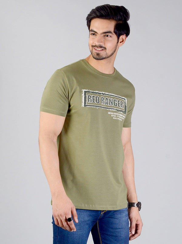 Olive Green Printed Slim Fit T-shirt | JB Sport