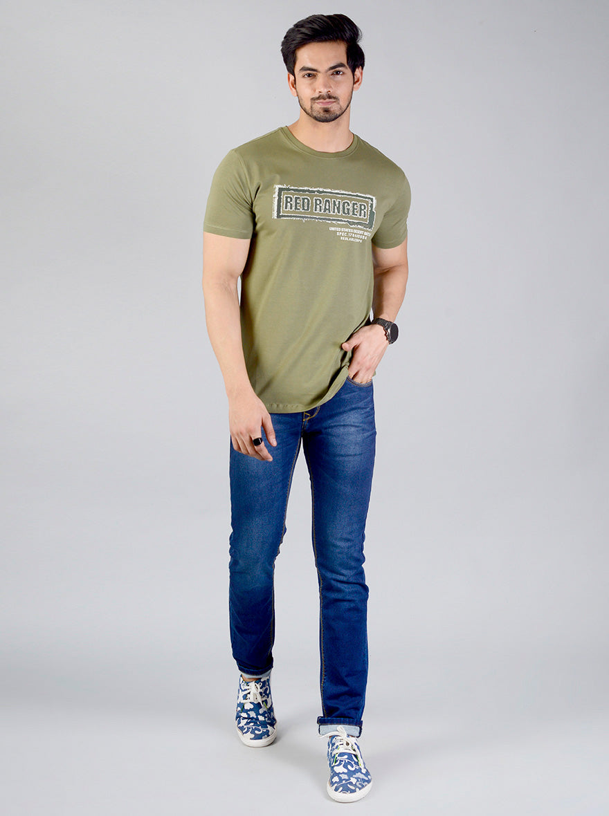 Olive Green Printed Slim Fit T-shirt | JB Sport