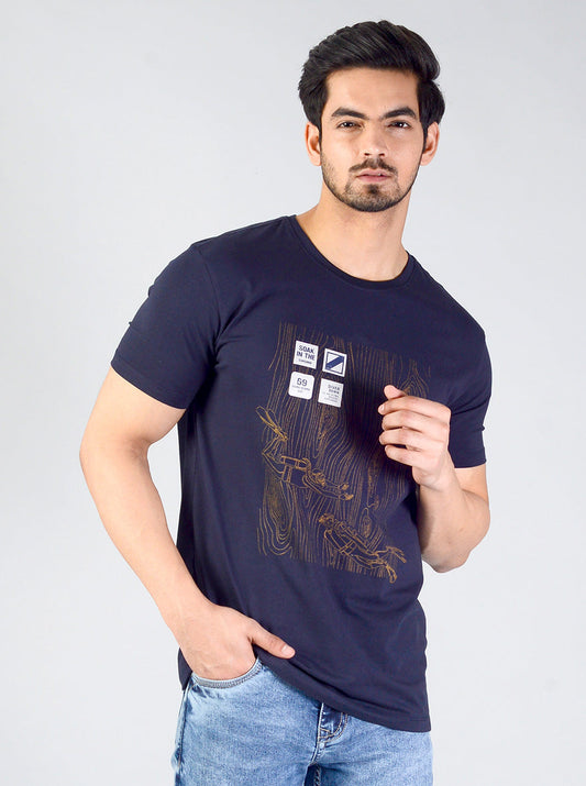 Deep Blue Printed Slim Fit T-shirt | JB Sport