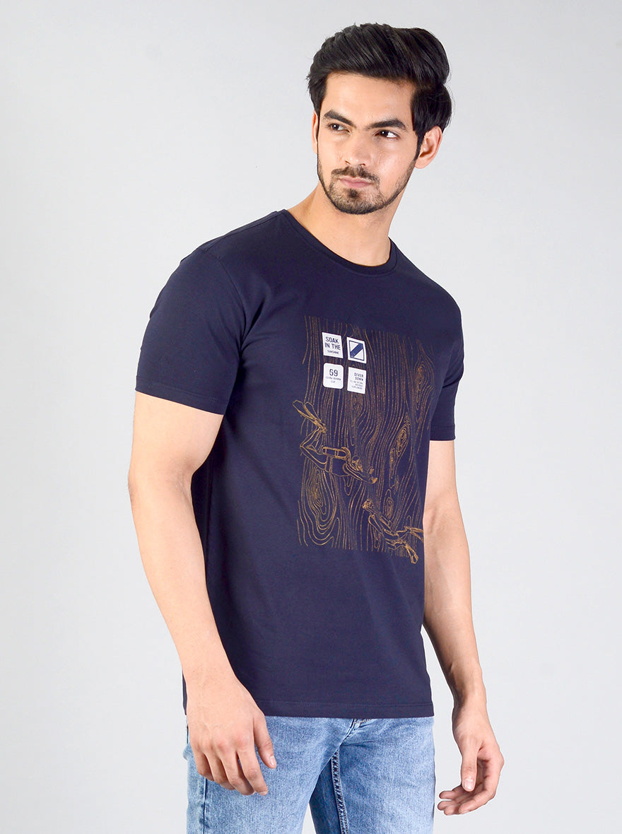 Deep Blue Printed Slim Fit T-shirt | JB Sport