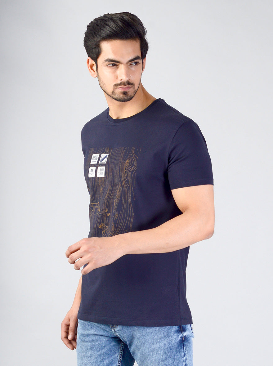 Deep Blue Printed Slim Fit T-shirt | JB Sport