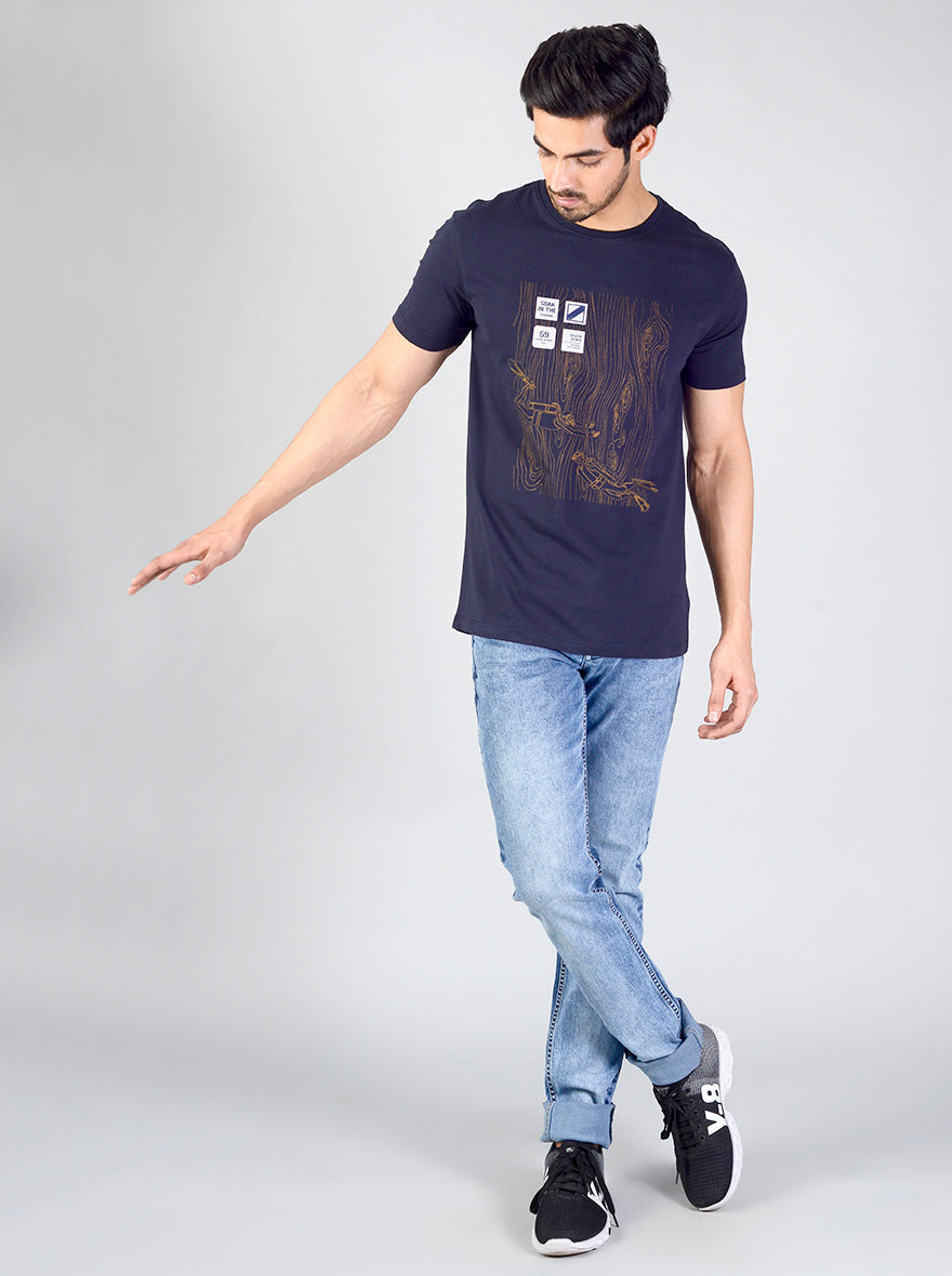 Deep Blue Printed Slim Fit T-shirt | JB Sport