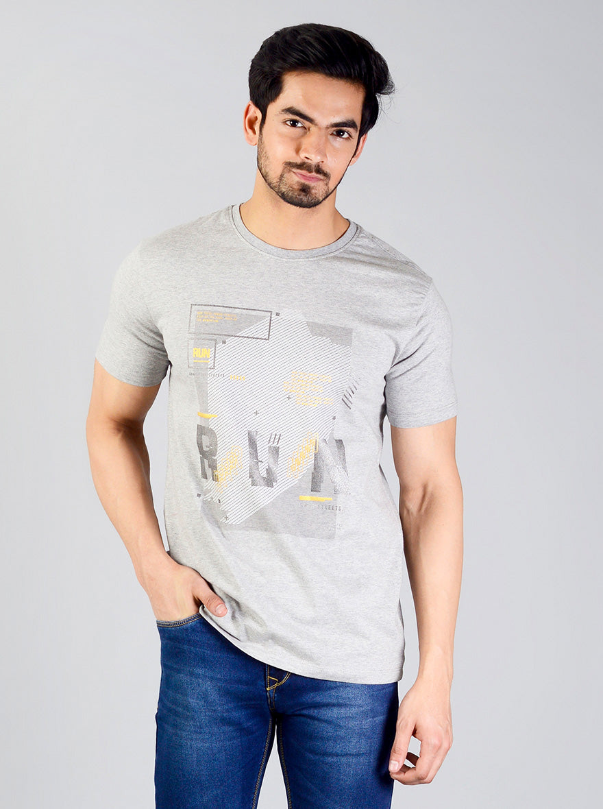 Light Grey Printed Slim Fit T-shirt | JB Sport