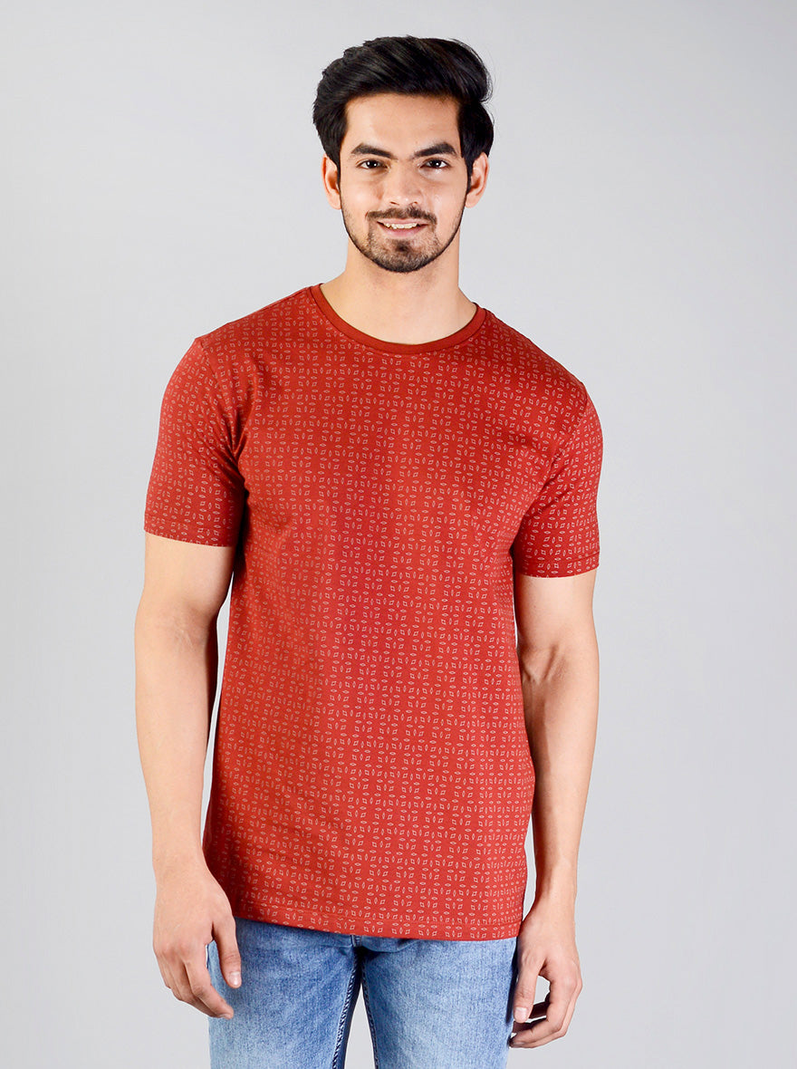 Burnt Red Printed Slim Fit T-shirt | JB Sport