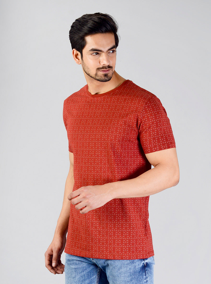 Burnt Red Printed Slim Fit T-shirt | JB Sport