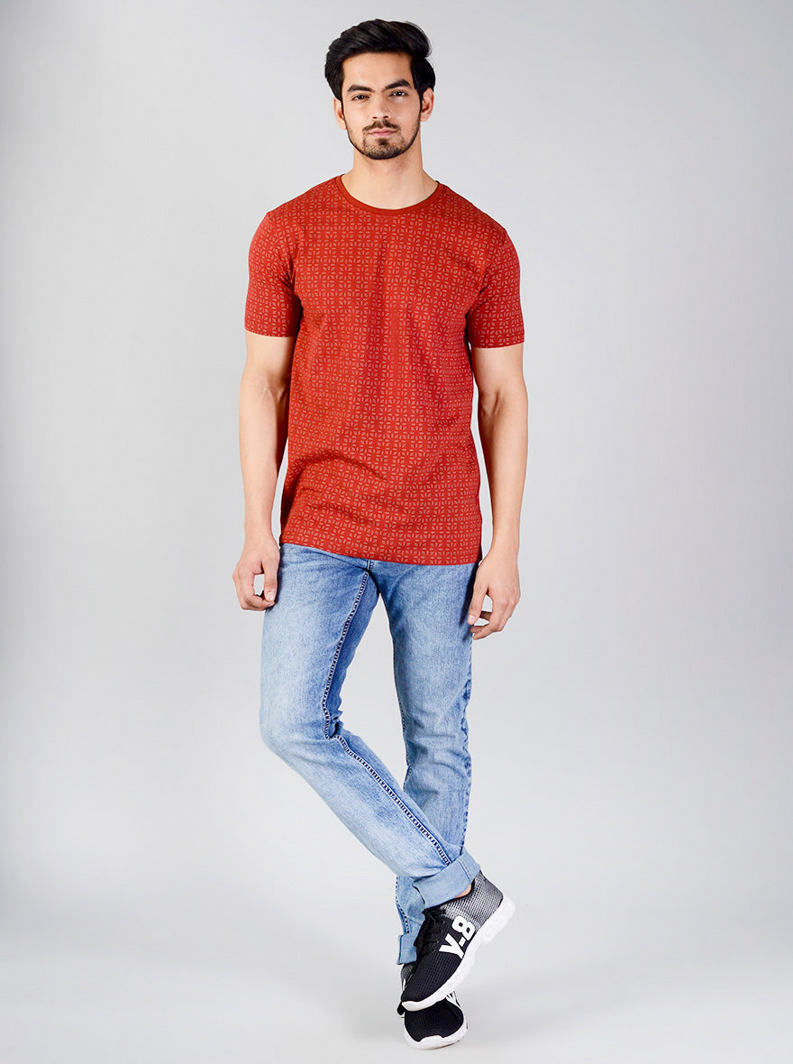 Burnt Red Printed Slim Fit T-shirt | JB Sport