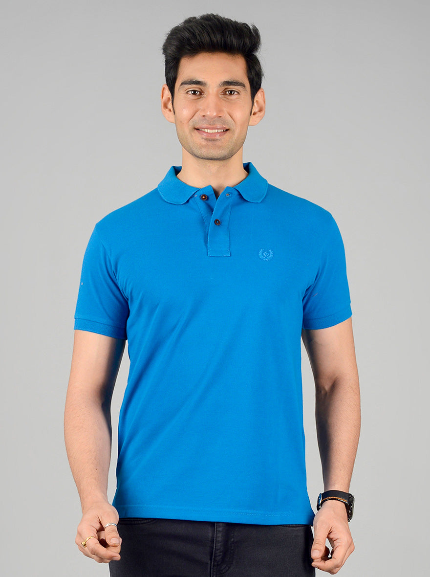 Brilliant Blue Solid Slim Fit Polo T-shirt | Greenfibre