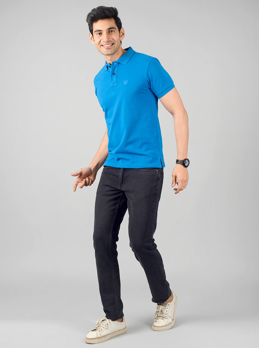 Brilliant Blue Solid Slim Fit Polo T-shirt | Greenfibre