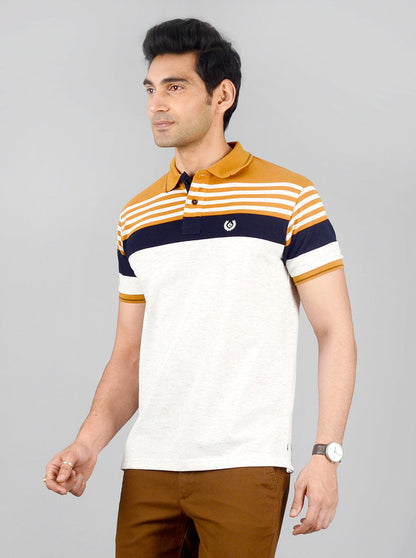 Grey & Yellow Striped Slim Fit Polo T-shirt | Greenfibre