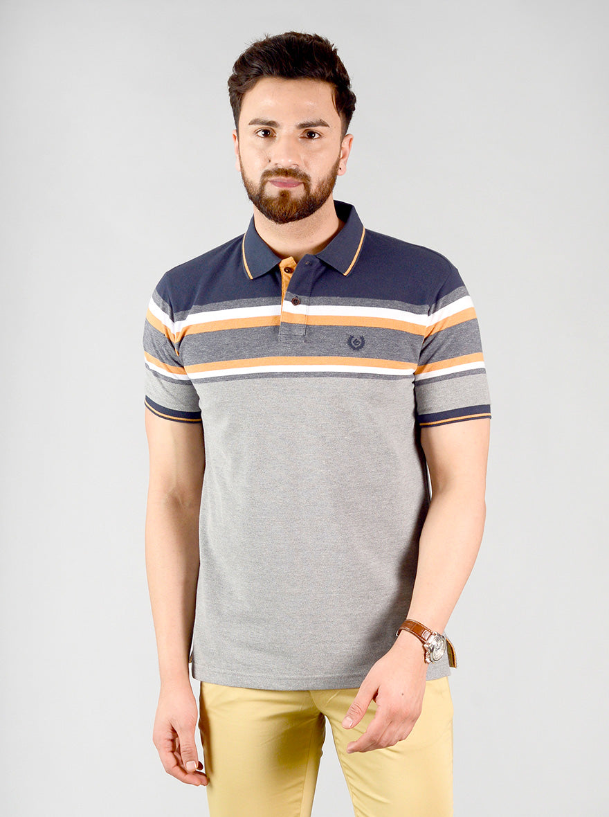 Grey & Blue Striped Slim Fit Polo T-shirt | Greenfibre