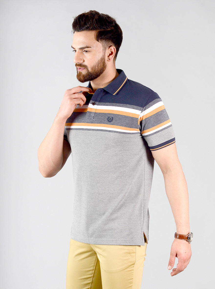 Grey & Blue Striped Slim Fit Polo T-shirt | Greenfibre