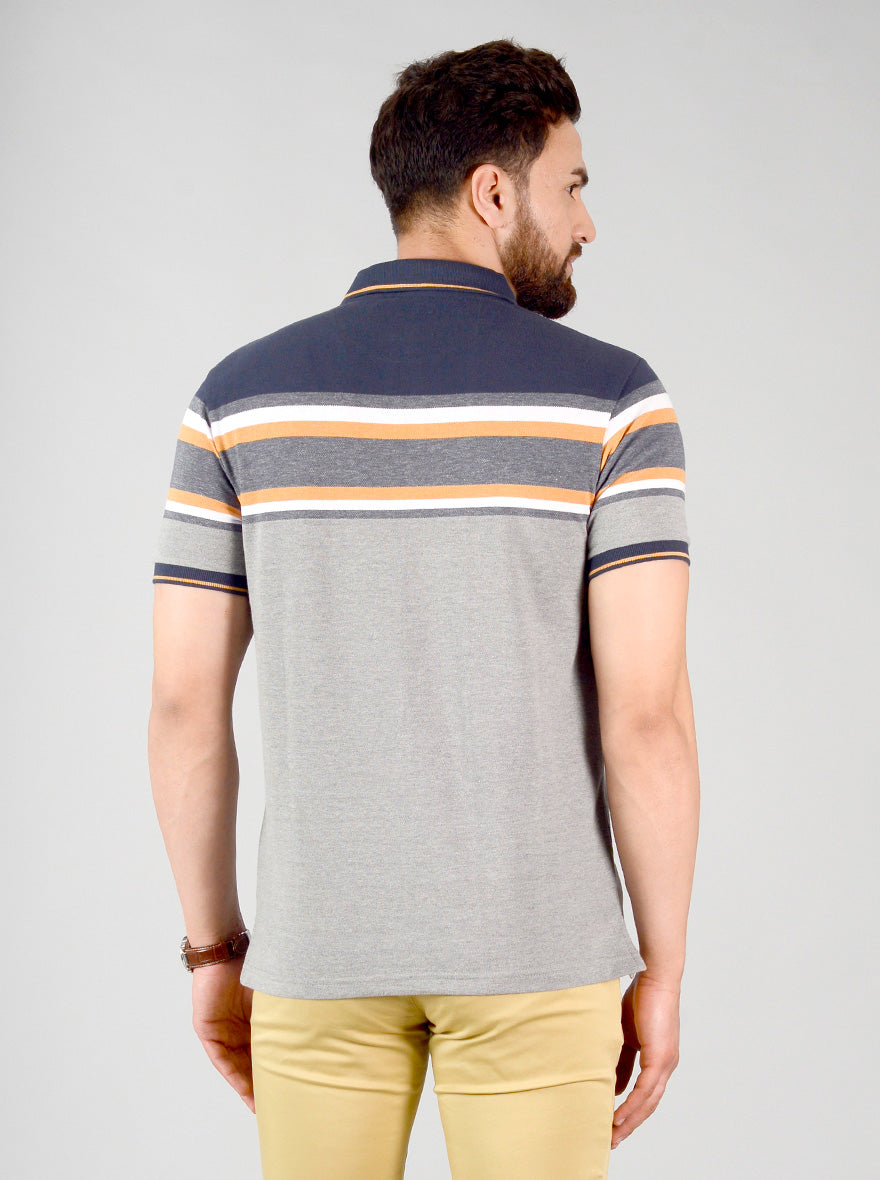 Grey & Blue Striped Slim Fit Polo T-shirt | Greenfibre