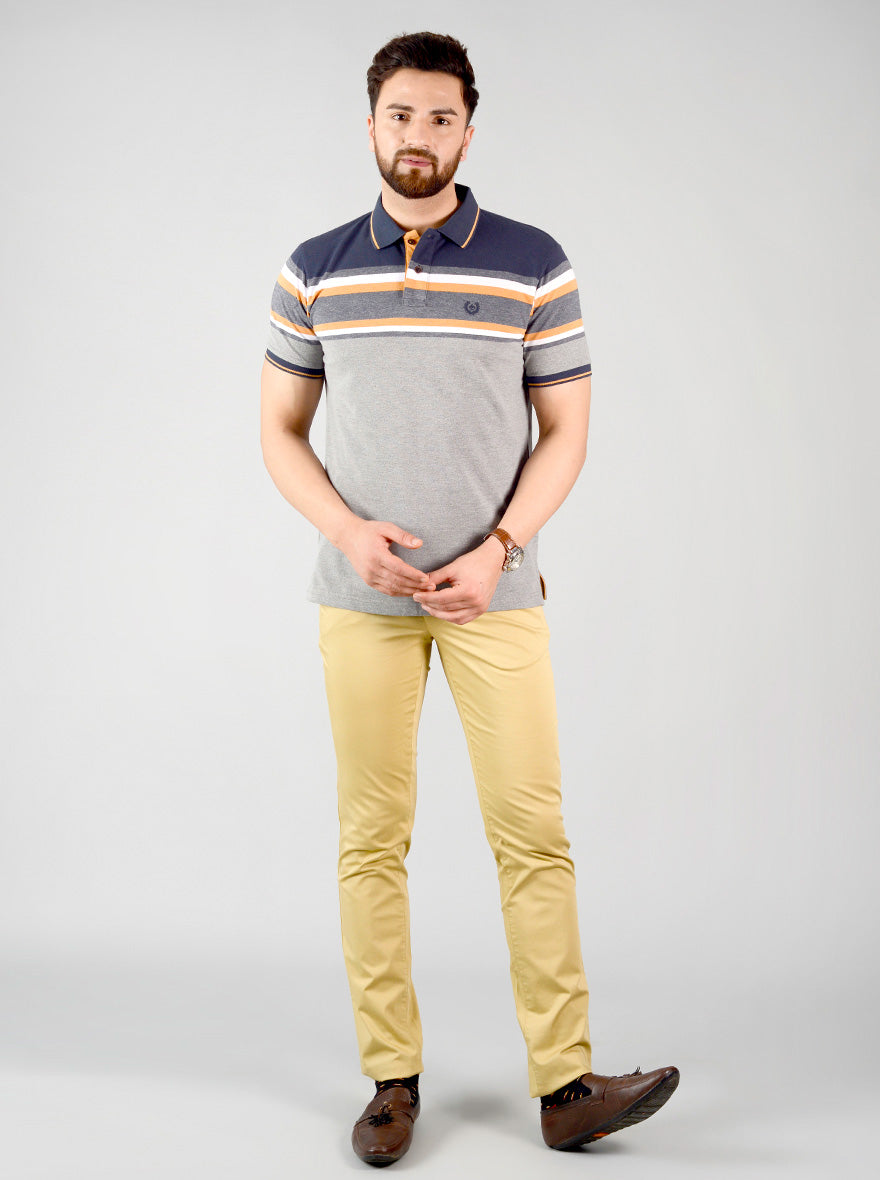 Grey & Blue Striped Slim Fit Polo T-shirt | Greenfibre