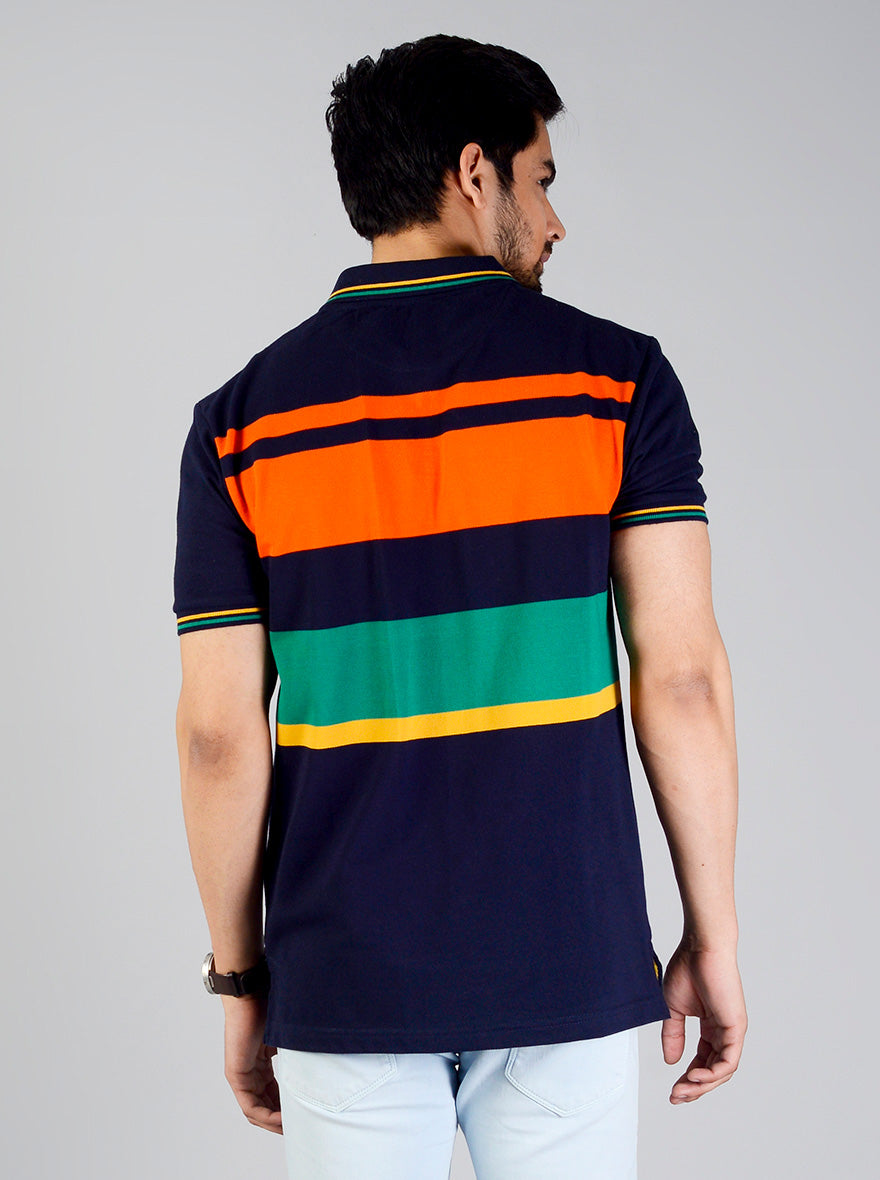 Orange & Green Striped Slim Fit Polo T-shirt | Greenfibre