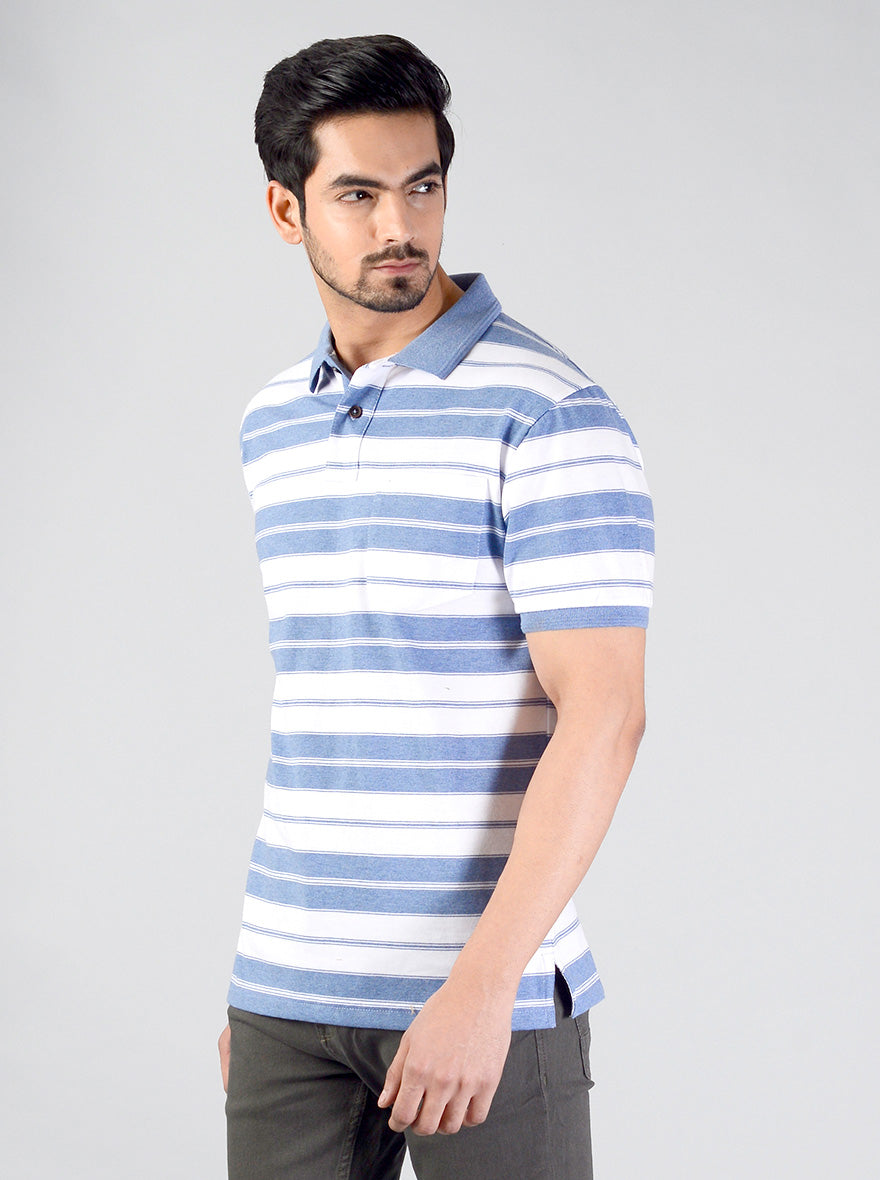 Blue & White Striped Slim Fit Polo T-shirt | Greenfibre