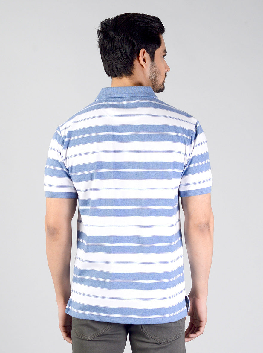 Blue & White Striped Slim Fit Polo T-shirt | Greenfibre