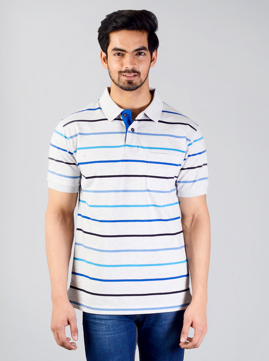 Glacier Grey Striped Slim Fit Polo T-shirt | Greenfibre