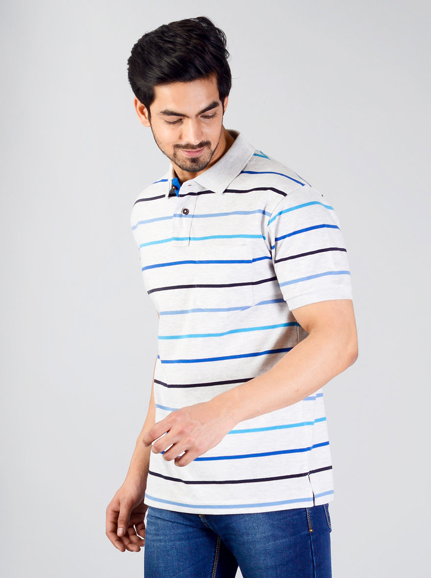 Glacier Grey Striped Slim Fit Polo T-shirt | Greenfibre