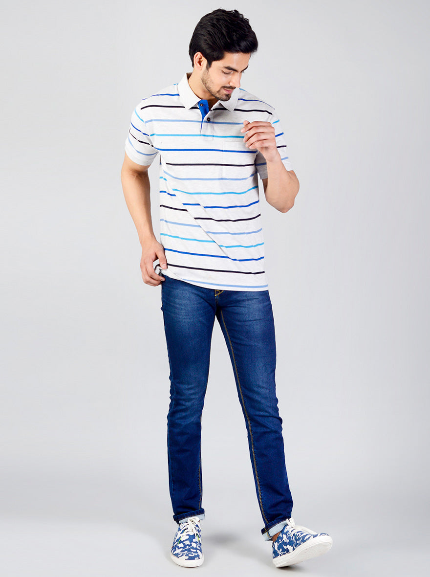 Glacier Grey Striped Slim Fit Polo T-shirt | Greenfibre