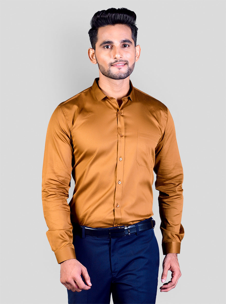 Wood Brown Solid Slim Fit Party Wear Shirt | Greenfibre