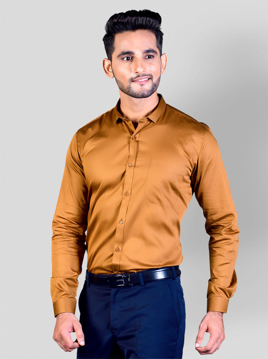 Wood Brown Solid Slim Fit Party Wear Shirt | Greenfibre