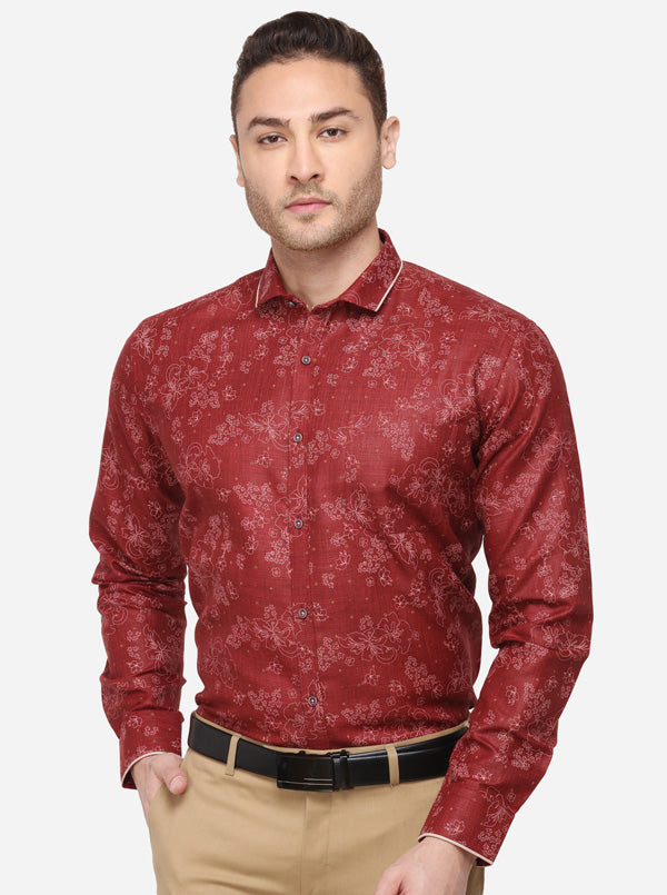 Maroon & Cream Printed Slim Fit Party Wear Shirt | Greenfibre