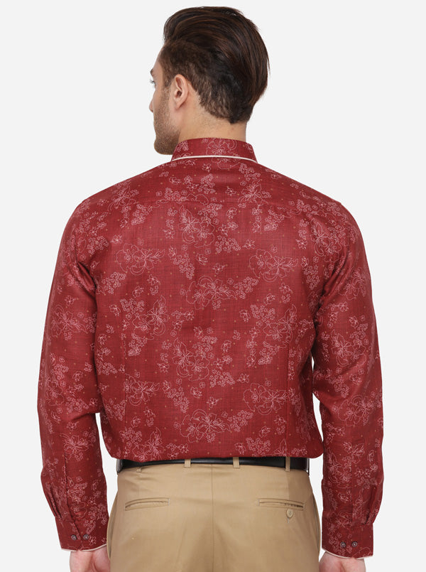 Maroon & Cream Printed Slim Fit Party Wear Shirt | Greenfibre