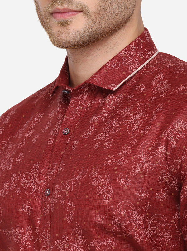 Maroon & Cream Printed Slim Fit Party Wear Shirt | Greenfibre