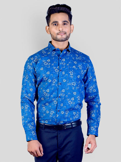 Cobalt Blue & Grey Printed Slim Fit Party Wear Shirt | Greenfibre