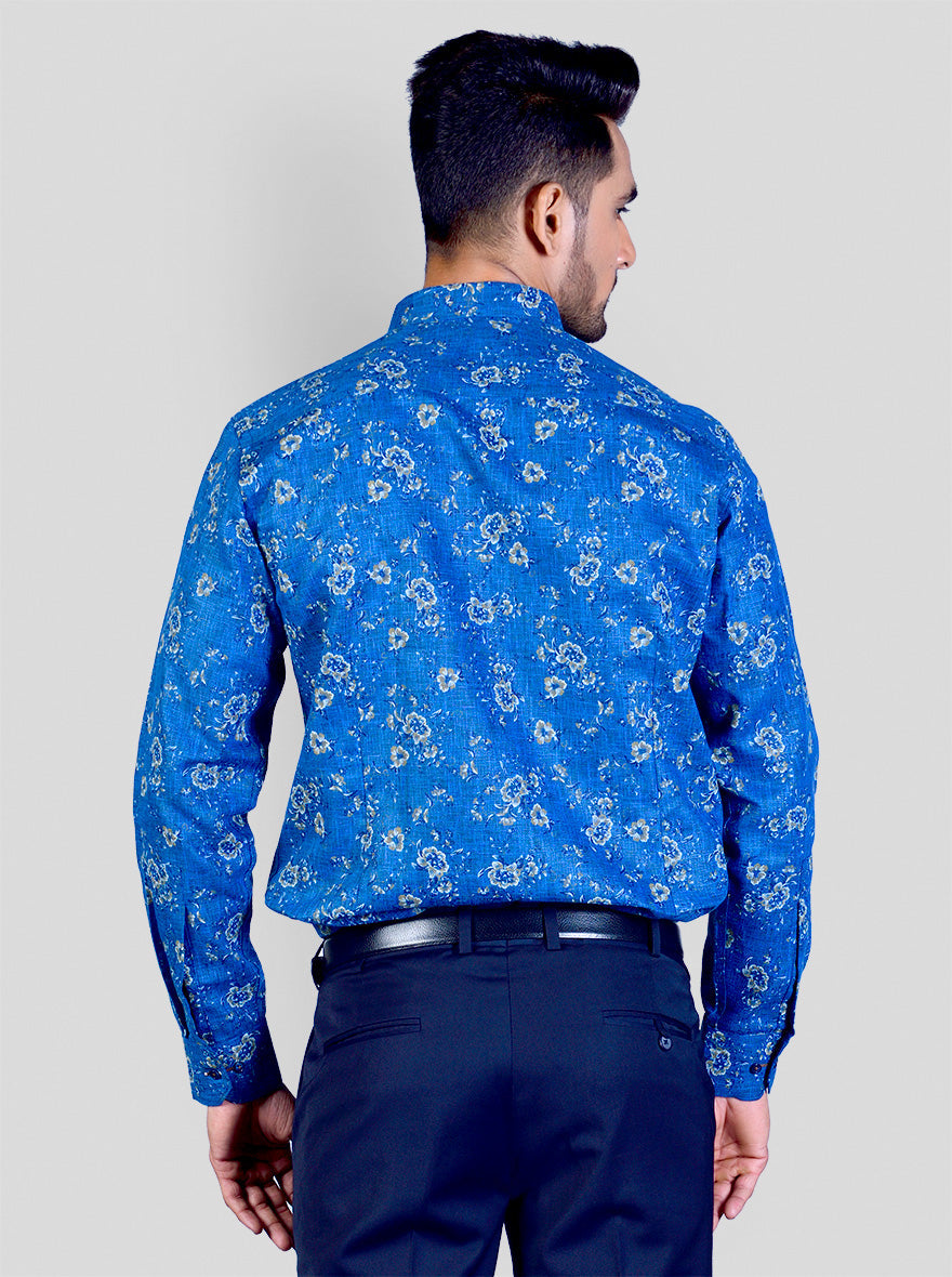 Cobalt Blue & Grey Printed Slim Fit Party Wear Shirt | Greenfibre